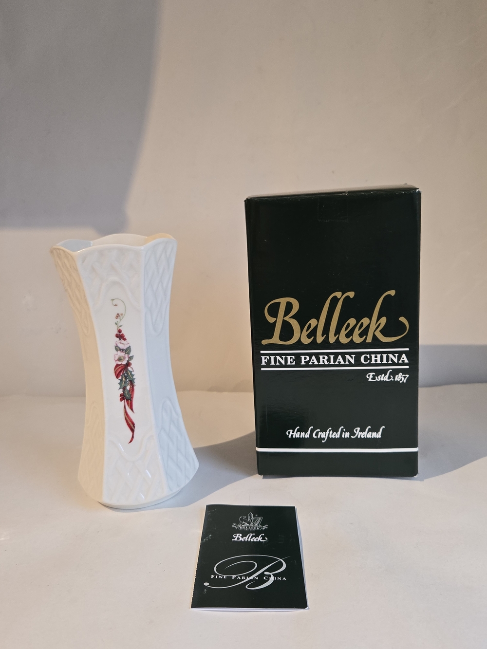 Belleek White Parian China Vase with Red Floral Accent